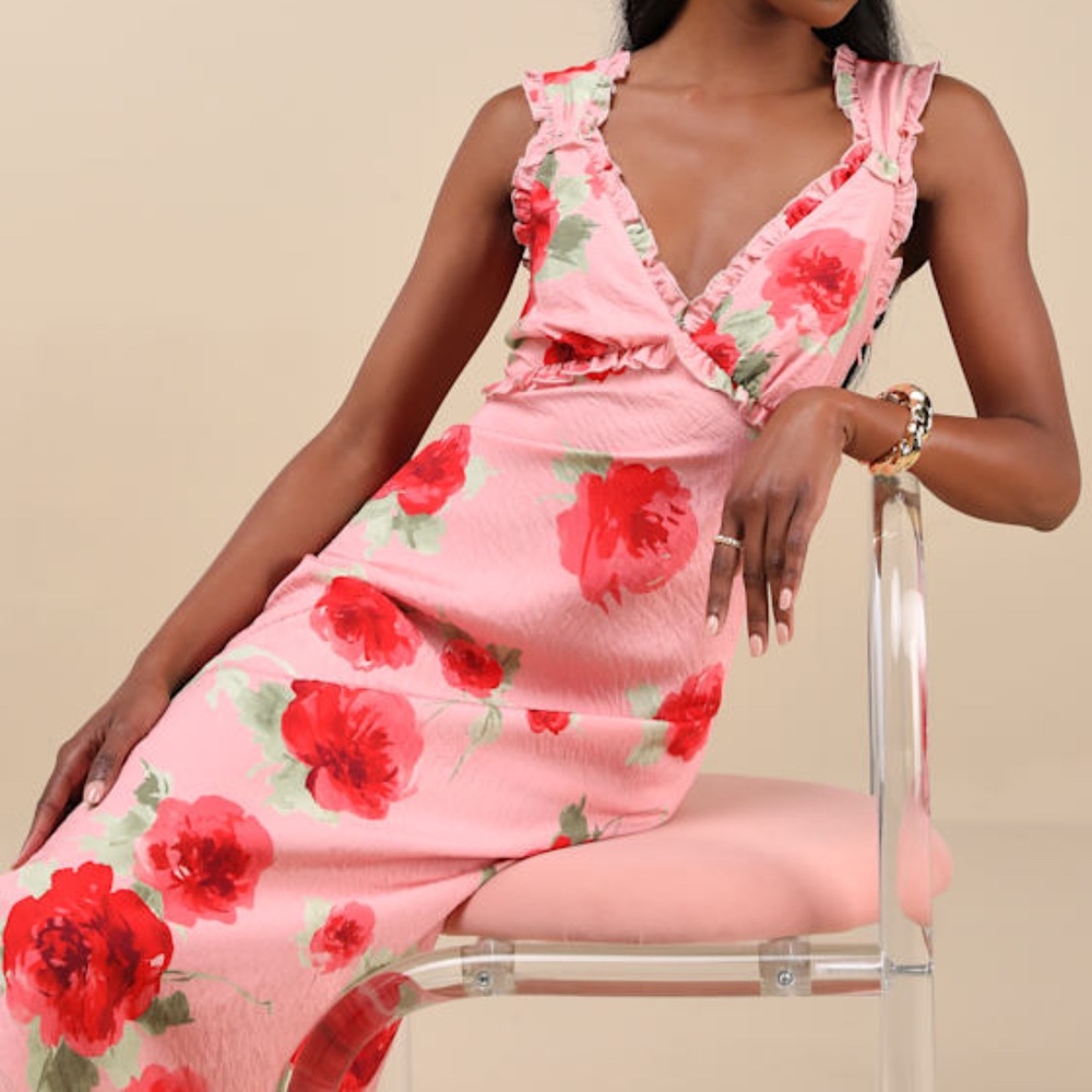 Lulus Clarrie Pink Floral Crinkle Satin Ruffled Midi Dress - Size M